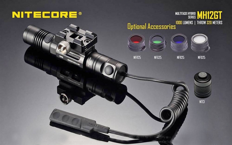 The new Nitecore MH12GT tactical flashlight The optional tactical accessories available for the Nitecore MH12GT flashlight