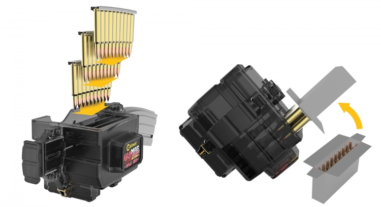 The Caldwell Mag Charger TAC-30 The dispenser of the Caldwell TAC-30 Mag Charger can be filled with 20-rounds boxes or 10-rounds stripper clips