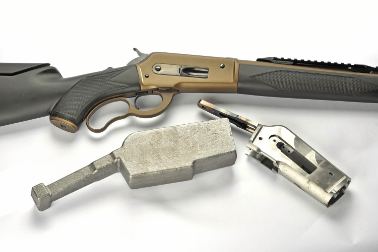 The receiver of the Boarbuster Mark II rifle is machined out of solid billet