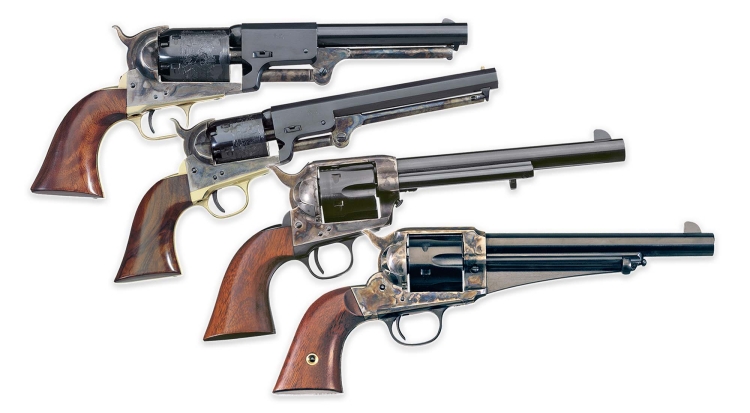 La tartarugatura nelle armi classiche Moderne repliche Uberti di revolver americani. Dall'alto: Colt Dragoon 3rd Model, Colt 1851 Navy, Colt 1873 Single Action Army, Remington 1875