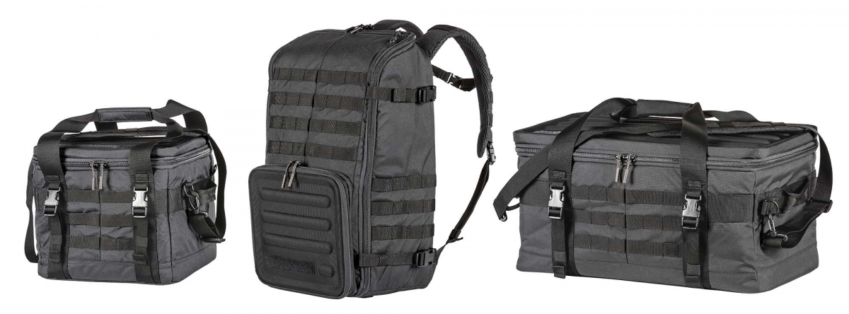 5.11 Range Master bags: Qualifier, Duffel, and Backpack Left to right: the 5.11 Range Master "Qualifier", "Backpack" and Duffel" bags