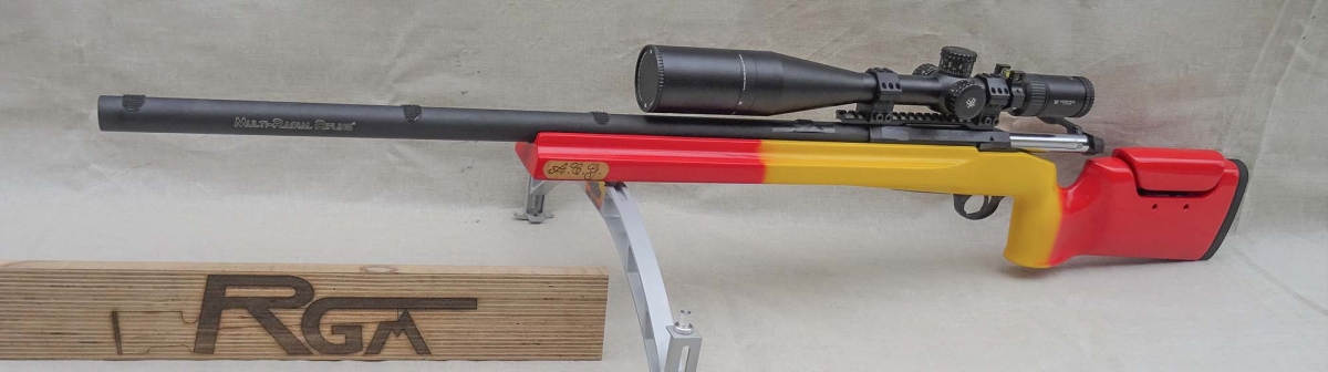RGM Stocks e Sabatti, accoppiata vincente La calciatura custom della serie “Bandiere” che RGM Stocks ha realizzato per il campione spagnolo Ángel Corral, montata sulla sua carabina Sabatti TLD
