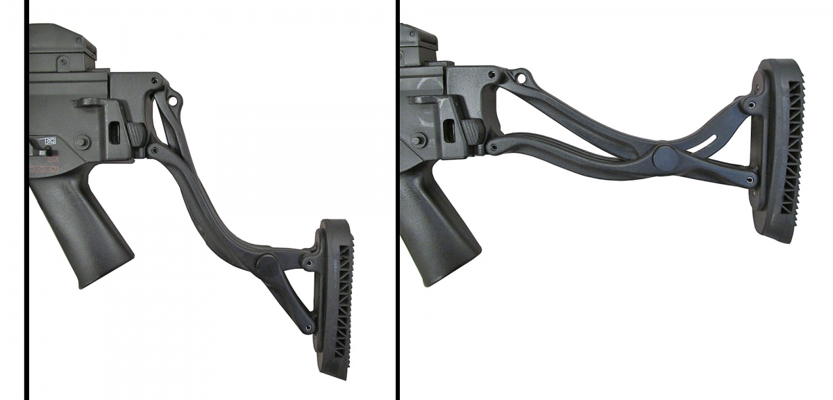 BCB International new versatile rifle stock The image shows how the stock can be moved to be positioned depending on the tactical equipment used or operative situation