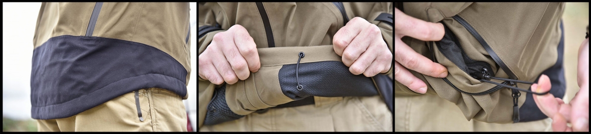 Abbigliamento: Browning Featherlight Dynamic Dettagli del rinforzo posteriore della giacca e dei laccetti di regolazione della vita, accessibili all'interno delle due tasche laterali