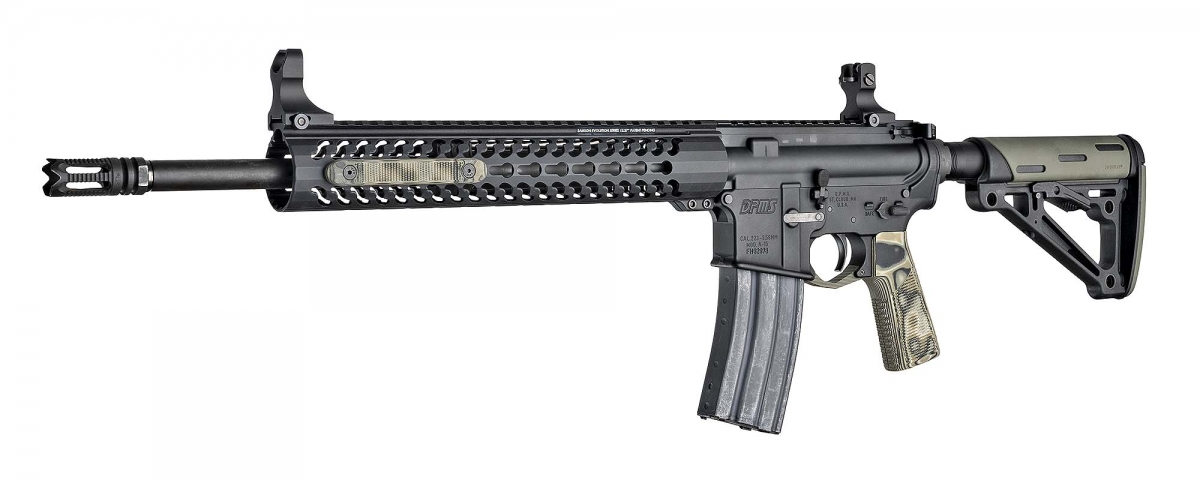 An AR-15 rifle with the new Hogue G10 KeyMod rail covers mounted
