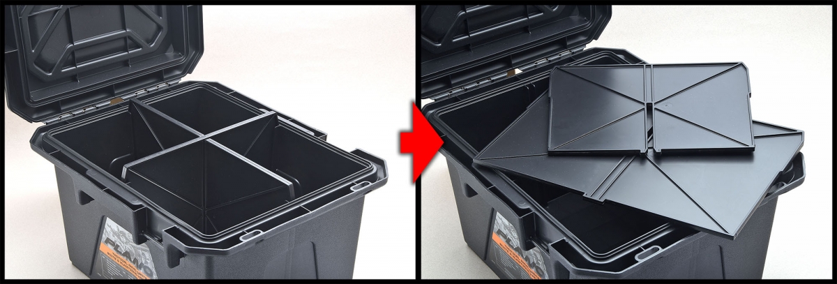 Removable dividers alow to organize the internal space in 2 or 4 compartments