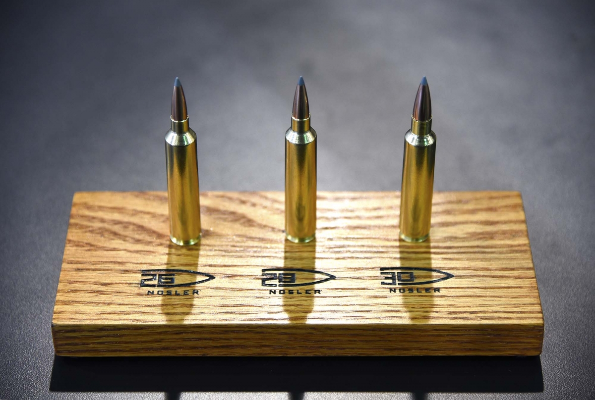 From left: the 26, 28 and 30 Nosler ammunition