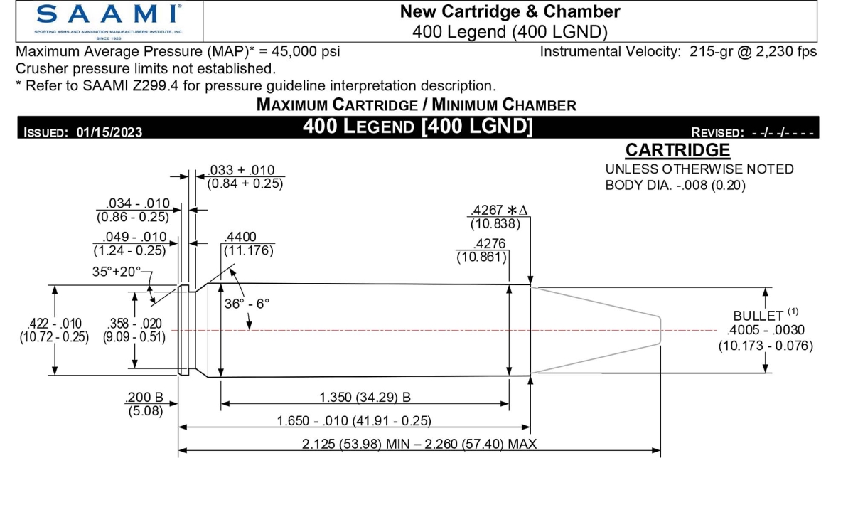 Winchester .400 Legend straight-wall hunting cartridge The SAAMI specs sheet for the new .400 Legend cartridge