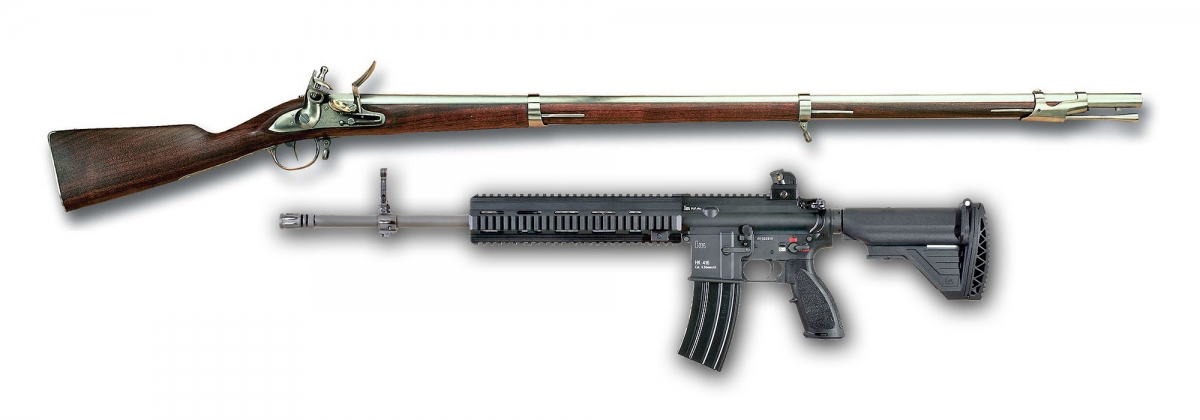 Gun Control: combattere delinquenza e terrorismo sparando... cazzate Una "moderna" riproduzione storica del moschetto francese ad avancarica modello 1777, e un "moderno" Heckler & Koch 416. La Direttiva Europea le "equipara" da un punto di vista legislativo perché... entrambe usano materiali moderni (!)
