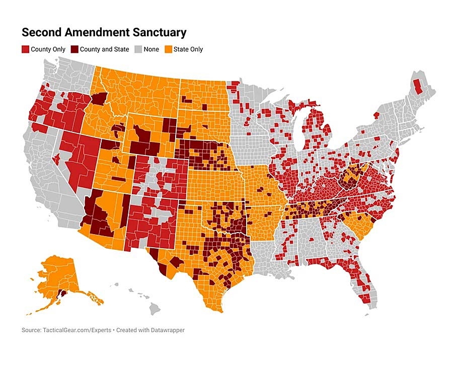 Armi negli USA: oltre il 60% delle Contee si dichiara "Second Amendment Sanctuary" La mappa del sito Tacticalgear.com individua in rosso le Contee autoproclamatesi "Santuario" per i diritti del Secondo Emendamento, in arancione quelle che fanno parte di uno Stato che ha adottato provvedimenti simili su tutto il territorio, e in cremisi quelle che hanno adottato da se' una simile normativa pur essendo già coperti da una pre-esistente normativa statale