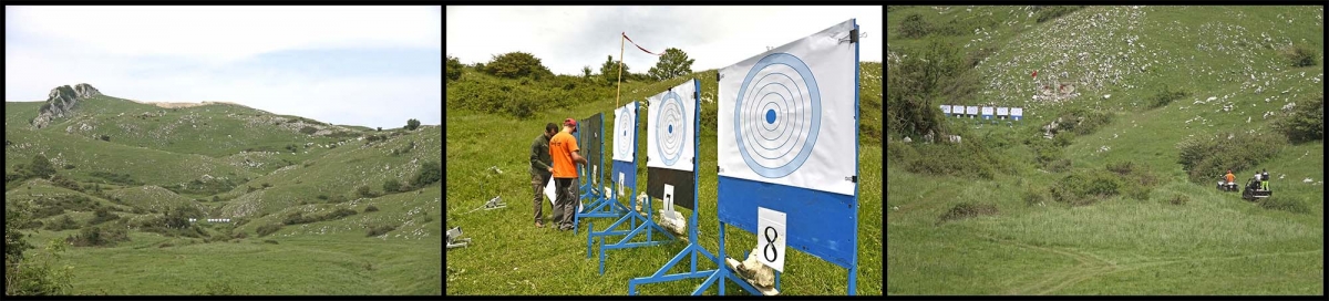 Trofeo Fiocchi-Sabatti 2018: un successo La magnifica vallata che si apre di fronte alle linee di tiro del Samnium Shooting Club. Nella prima foto, in alto a sinistra si notano molti bovini al pascolo, che non corrono alcun pericolo. Il cambio bersagli si effettua utilizzando dei Quad.