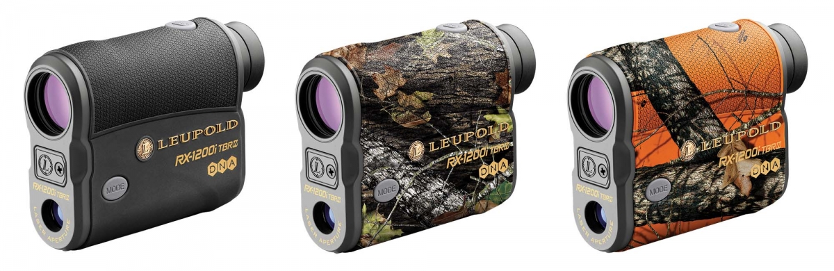Il telemetro Leupold RX-1200i TBR/W con laser DNA è disponibile (da sinistra a destra) in versione grigio-nera, in versione con finitura mimetica Mossy Oak Break-Up Infinity™ o Mossy Oak Blaze Orange