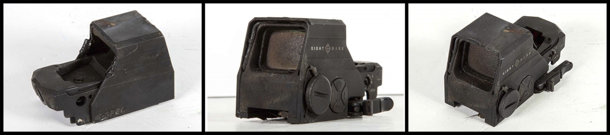 A burned Sightmark Ultra Shot M-Spec reflex sight: nearly indestructible! A burned Sightmark Ultra Shot M-Spec reflex sight: nearly indestructible!