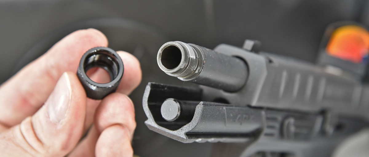 The threaded barrel is covered by an easily removed thread protector, providing for the installation of a variety of muzzle devices