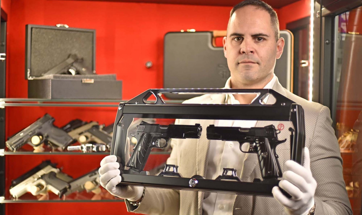 The Cabot Guns Mirror Image Pistols set on display