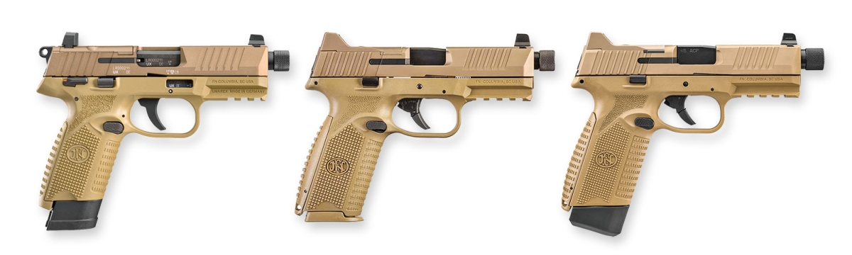 Da sinistra: le pistole FN 502 in .22LR, FN 509 in 9x19, FN 545 in .45ACP