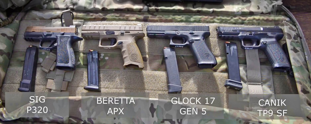 The Canik TP9 SF pistol among the finalists for the Danish Army The four finalists to the Danish Army pistol trial, left to right: SIG Sauer P320, Beretta APX, Glock 17M, Canik TP9 SF