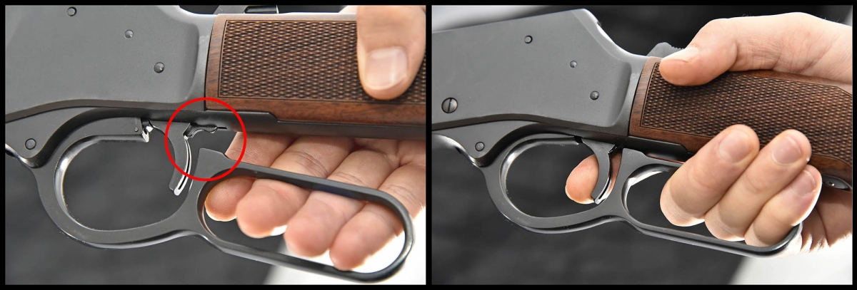 Henry Big Boy lever-action rifle Behind the trigger, a disconnector prevents the trigger release unless the loadiong lever is fully pulled up in shooting position