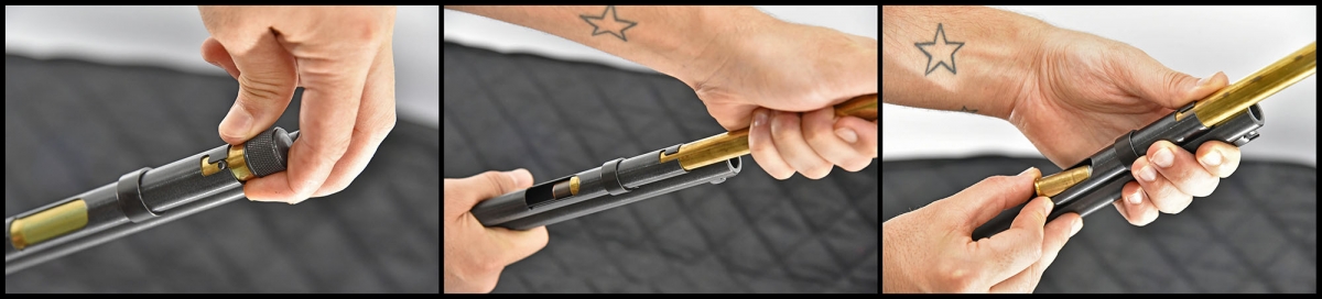 Henry Big Boy lever-action rifle The magazine is loaded by removing the follower and spring and dropping the cartidges down the magazine tube through the bottom port