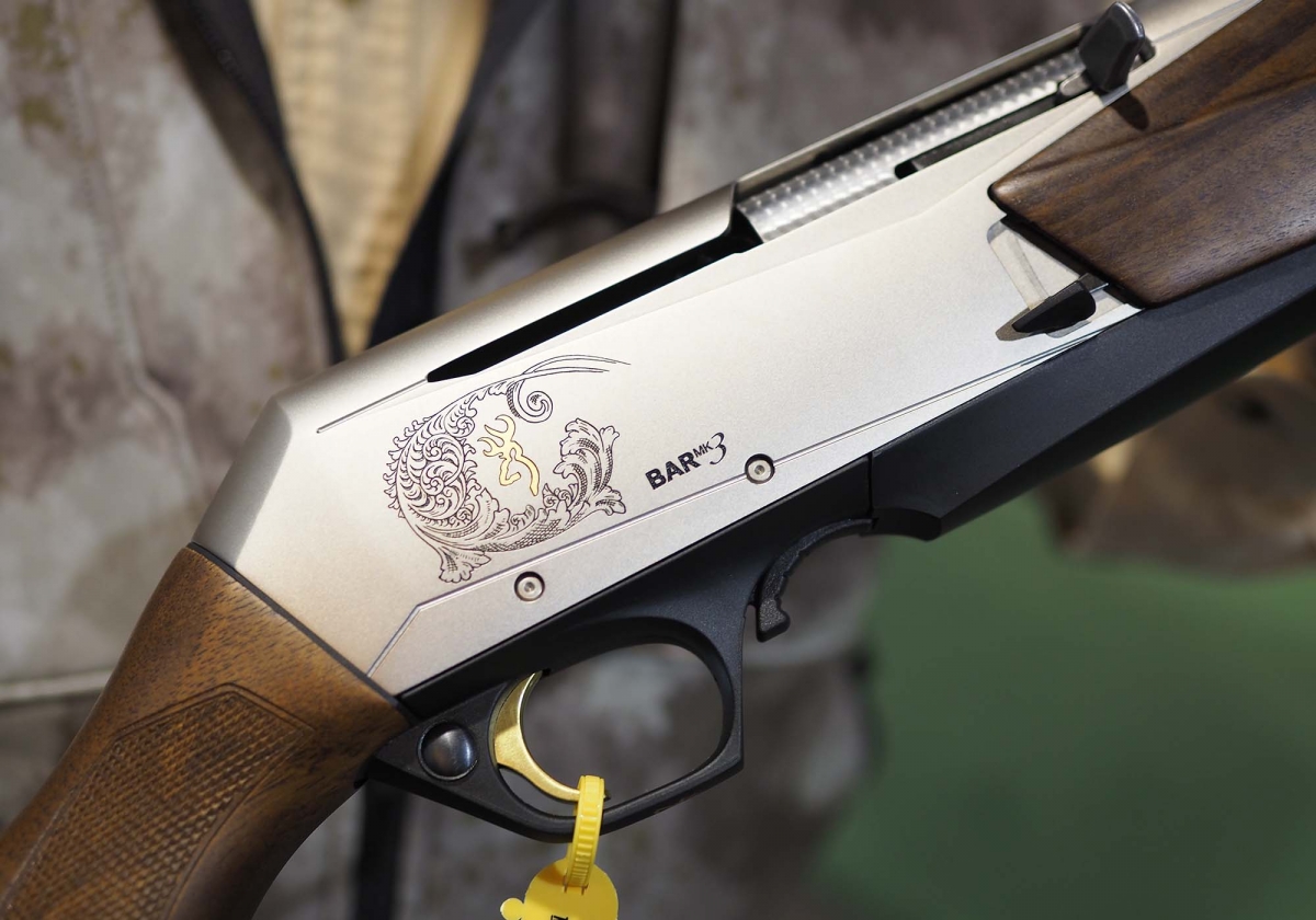 Detail of the receiver of a Browning BAR Mk3 rifle