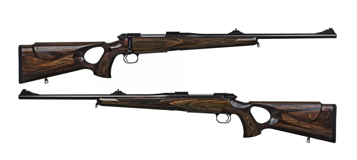Mauser M12 MAX bolt-action rifle Side views of the new Mauser rifle, with the thumbhole pistol grip design of the stock