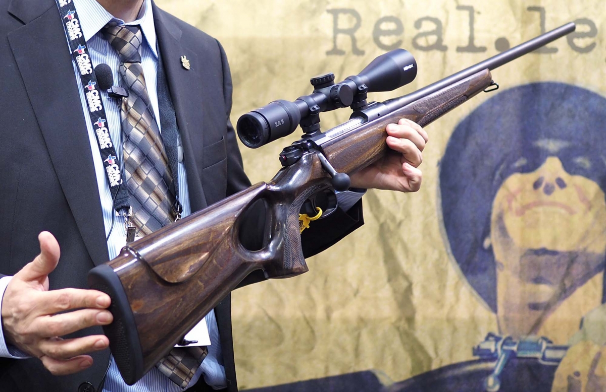The stock is made out of robust laminated wood, with a thumbhole style pistol grip