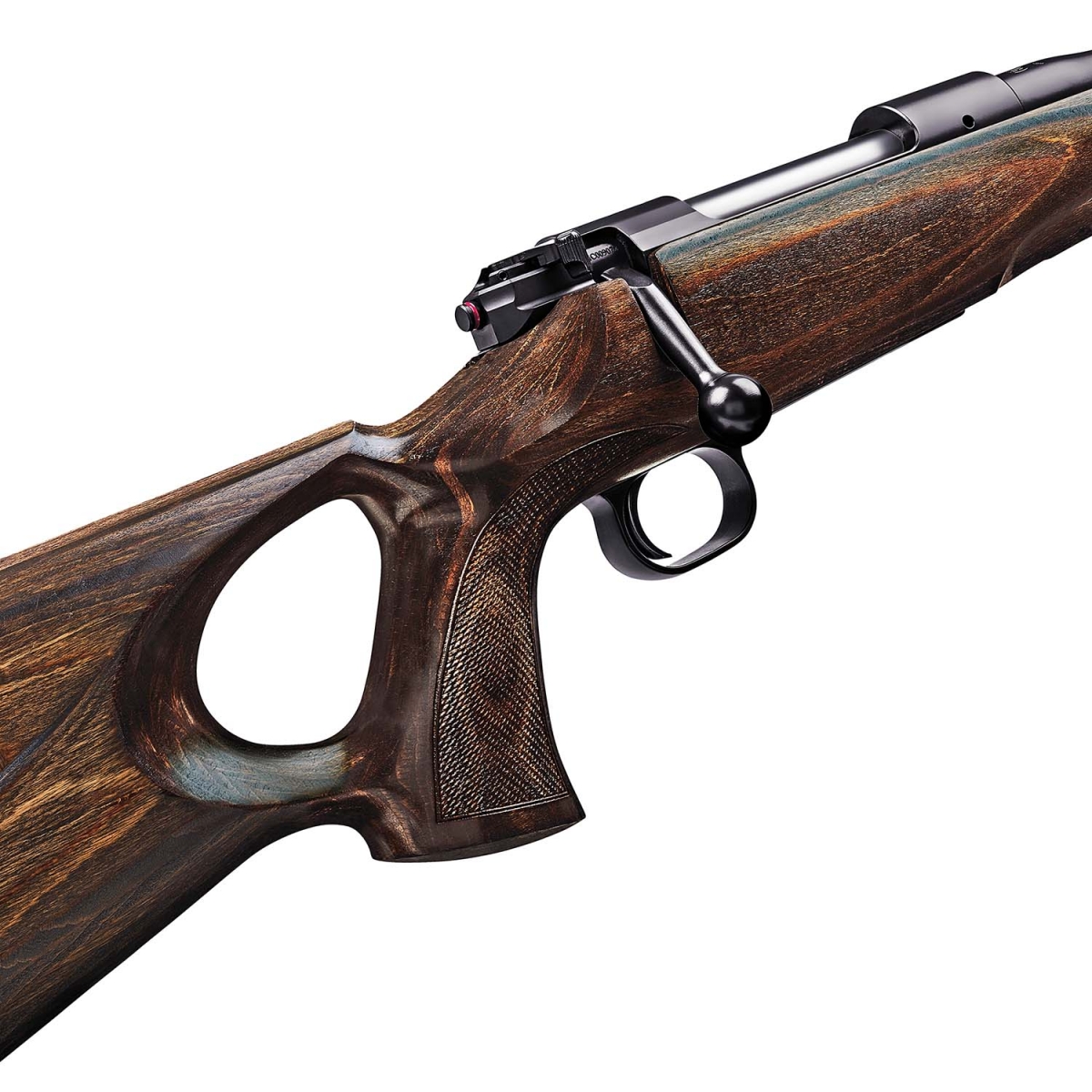 Mauser M12 MAX bolt-action rifle The thumbhole pistol grip design of the stock. The grips is finely checkered, while the large thumbhole allows a fast grip acquisition even with gloves, like in typical winter hunting conditions