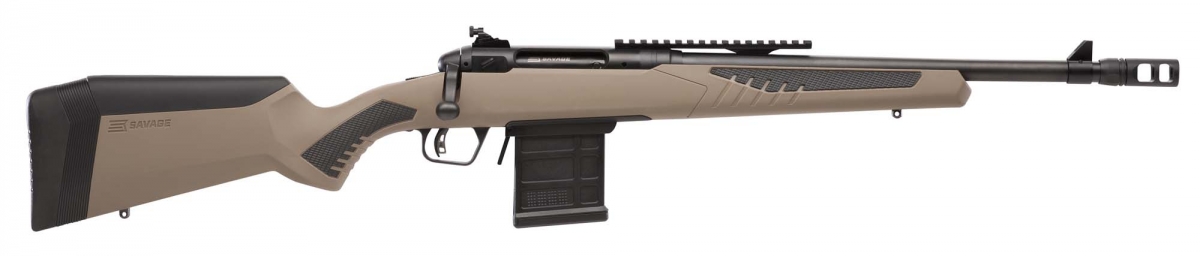 Savage Arms 110 Scout bolt action rifle Among its features are a carbon steel barrel, a detachable flash hider, and a tang-mounted safety