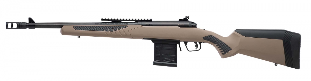 Savage Arms 110 Scout bolt action rifle The Savage 110 Scout rifle features a tan synthetic stock with checkered, soft grip surfaces on the pistol grip and forend