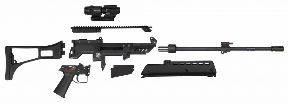 Steyr Arms G62 Upgrade Kit: finally a fix for the G36 assault rifle? Steyr Arms G62 assault rifle, stripped into its main components