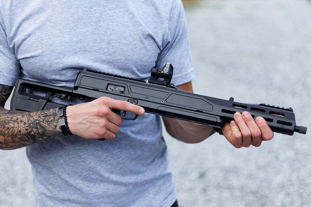 The Trailblazer Firearms Pack9 is a 9mm folding semi-automatic firearms conceived for home defense, property protection and sport shooting, whose receivers pivot one over the other to reduce the overall length for convenient transportation and storage