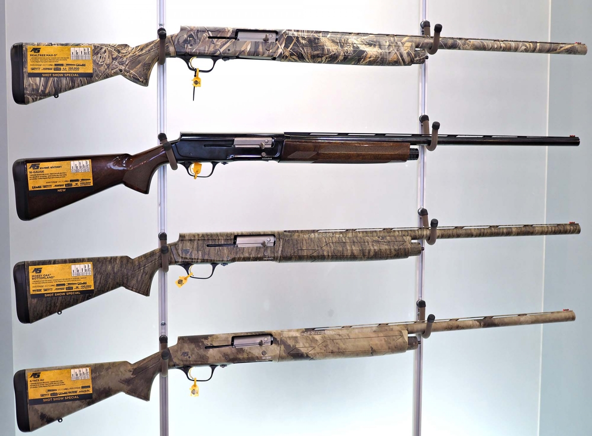 The new line of Browning A5 hunting shotguns for the US market. From top: the Realtree Max-5, the One Sweet Sixteen, the Mossy Oak Bottomland and the A-Tacs AU