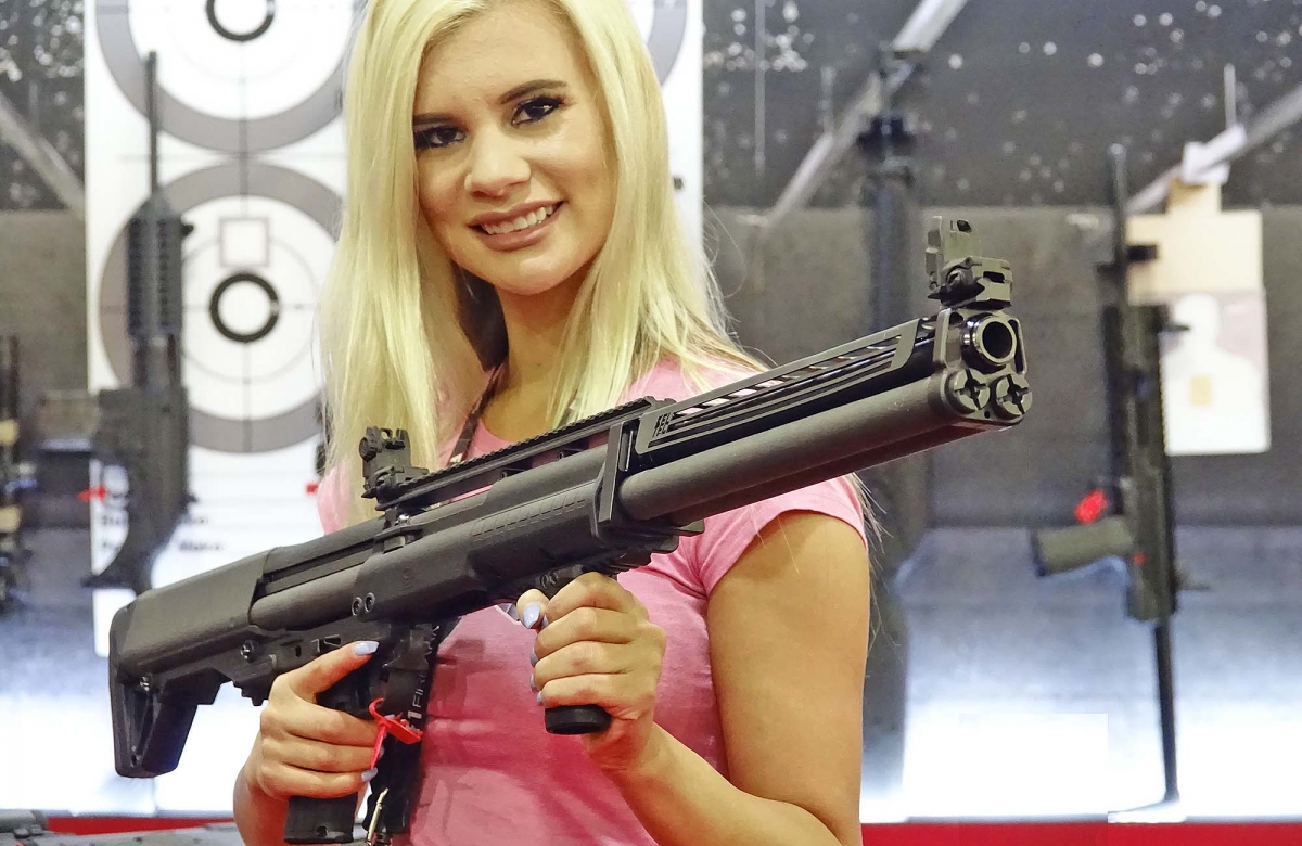 The beautiful Brickell Clark, from americangunchic.com, posing for us with the new Kel-Tec KSG-25 shotgun