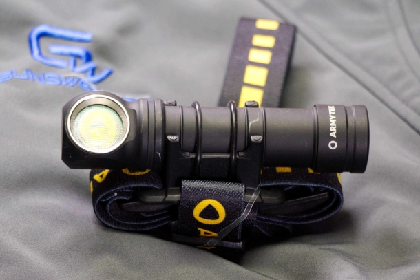 Armytek Wizard C2 Pro Max Magnet USB flashlight The Wizard C2 Pro Max on its headband. You have to remove the clip first.