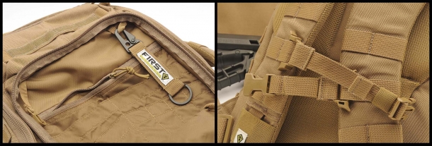Zaino First Tactical TACTIX Half-Day e custodia per carabina da 36" Dettaglio della tasca frontale e del fermo degli spallacci