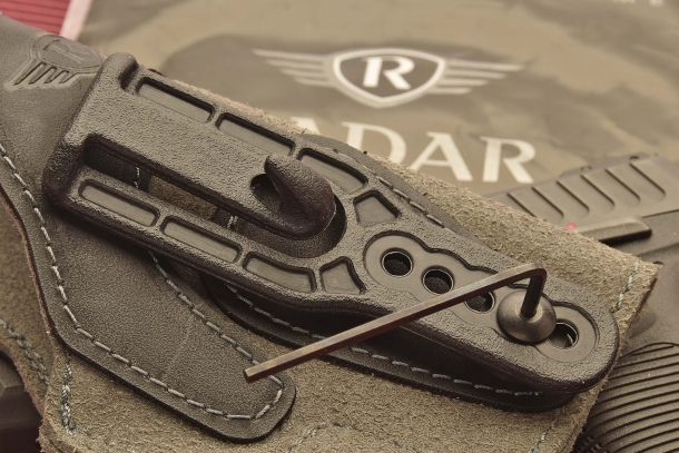 A single screw allows the holster clip to be adjusted in height; athe clip and the outer beak allows the holster to be carried inside or outside the waistband, but always firmly secured to the belt