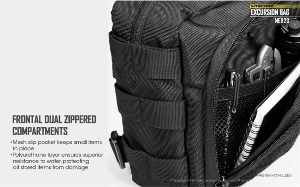 Nitecore NTC10, NEB10 and NEB20: the unexpected tactical bags The frontal dual zippered compartments and side loops