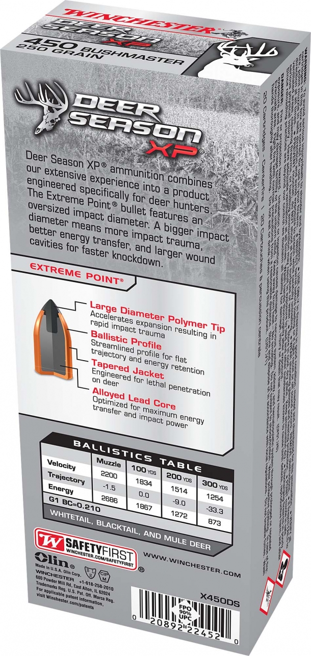 New Winchester Deer Season XP ammunition in .25-06 Remington and .450 Bushmaster The features of the new 250-grain, .450 Bushmaster entry to the Winchester Deer Season XP lineup