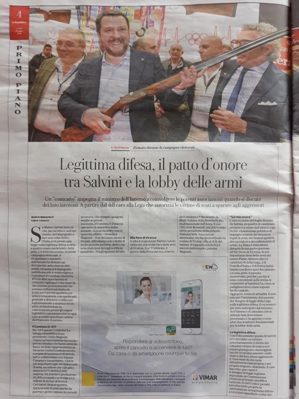 La Repubblica, Matteo Salvini e il patto d'onore con i "Cittadini Onesti" L'articolo pubblicato ieri da La Repubblica e ripreso da numerose testate On-Line può essere descritto solo come un coacervo di falsità ad uso e consumo di chi intende attaccare il Comitato Direttiva 477 e Firearms United