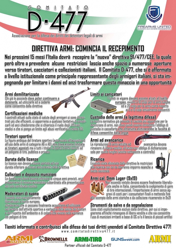 Direttiva Europea Armi: per il suo recepimento, buon inizio al Senato Il Comitato Direttiva 477 ha chiarito da tempo quali sono i punti che intende perseguire in fase di recepimento della direttiva europea sulle armi