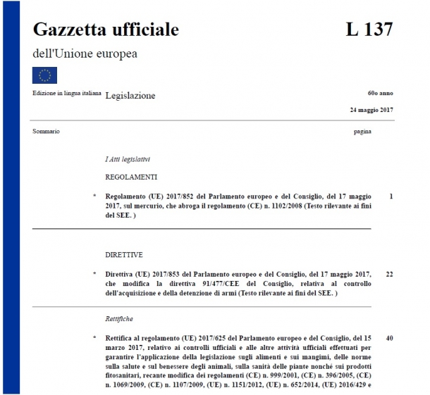 Approvata dall'Europarlamento lo scorso marzo, la nuova versione della direttiva europea sulle armi è stata pubblicata sulla Gazzetta Ufficiale dell'UE il 24 maggio 2017