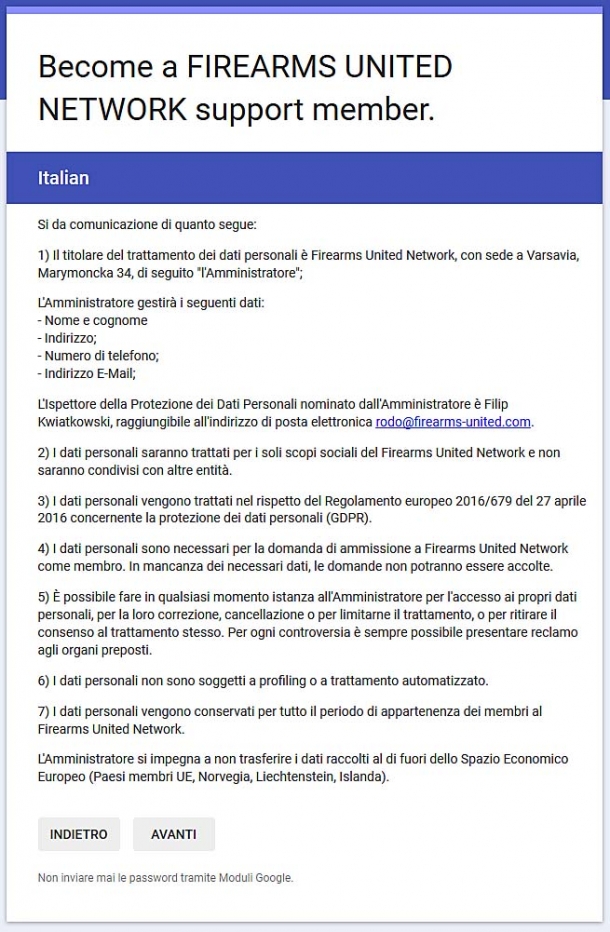 Firearms United dà il via ai tesseramenti individuali I dati personali forniti al Firearms United Network per il tesseramento saranno trattati nel rispetto del regolamento europeo vigente (GDPR)