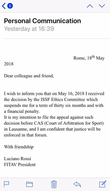 ISSF vice-president Luciano Rossi suspended for three years A caption of the letter sent by Luciano Rossi to member federations of ISSF as obtained by the