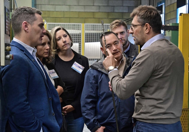 Stefano Pedersoli (right) during the delegation's visit to his company, Davide Pedersoli