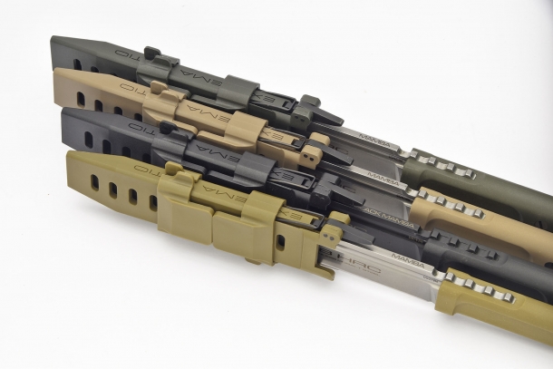The blade blocking lever is mounted on the sheath