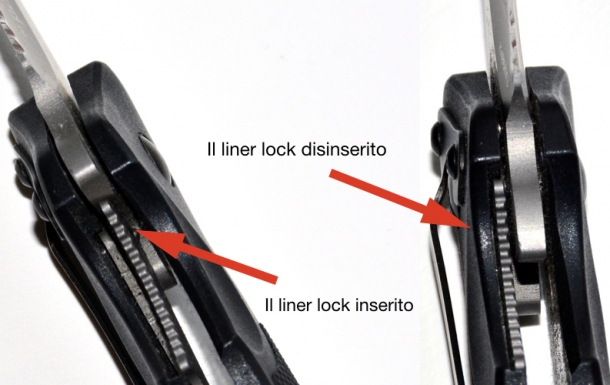Il potere lesivo dei coltelli il linerlock è costituito da una lamina elastica metallica che, a lama in apertura, si dispone contro il tallone della lama stessa, impedendone la chiusura involontaria