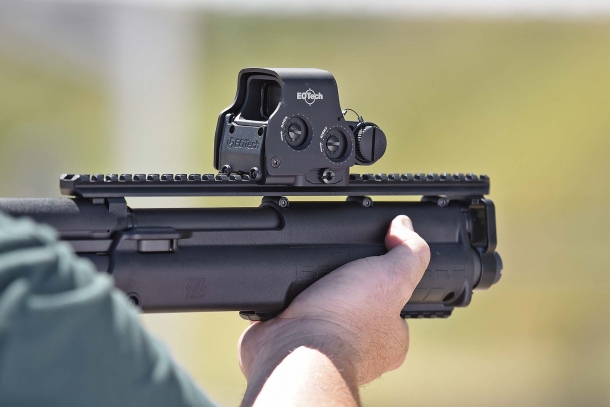 The EOTech EXPS3 holographic sight on a Kel-Tec KSG shotgun