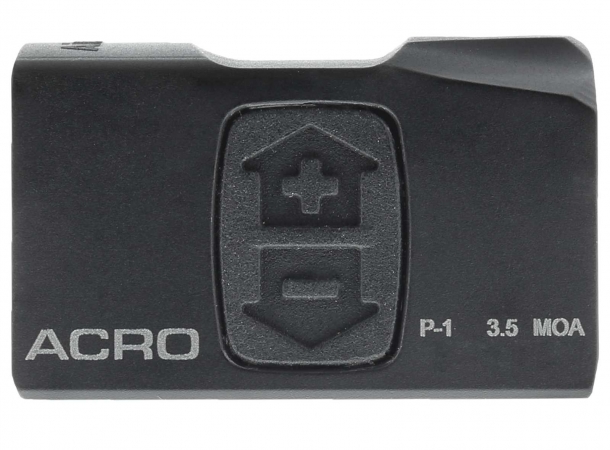 Aimpoint ACRO P-1 red dot sight Two buttons on the side allow to quickly adjust the illumination of the 3.5 MOA red dot to ten different levels
