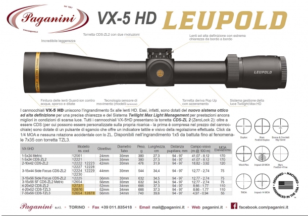 Cannocchiali Leupold VX-5HD, una famiglia completa Volantino del distributore Paganini con le specifiche tecniche dei modelli Leupold VX-5HD disponibili in Italia