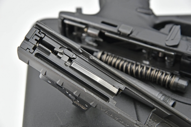A closeup of the breechblock on the Beretta APX Combat pistol